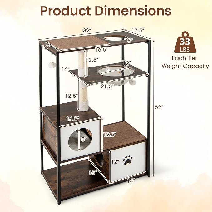 Tangkula Modern Cat Tree, 52 Inch Multi-Level Cat Tower with Metal Frame, 2 Wooden Condos, Sisal Scratching Posts, Detachable Cushion & Mats, Dangling Balls, Space Capsule Nest for Indoor Cats