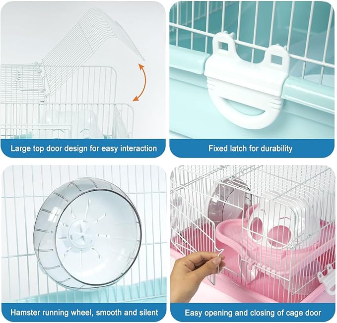 1 PCS Dwarf Hamster Cage Portable, 2-Tier Small Animal Habitat Travel Hamster Cages with Exercise Wheel, Water Bottle, Food Dish for Dwarf Hamsters, Mice, Gerbils (Grey/Blue/Pink, Random Delivery)