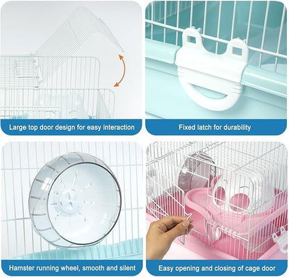1 PCS Dwarf Hamster Cage Portable, 2-Tier Small Animal Habitat Travel Hamster Cages with Exercise Wheel, Water Bottle, Food Dish for Dwarf Hamsters, Mice, Gerbils (Grey/Blue/Pink, Random Delivery)
