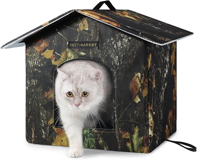 Rest-Eazzzy Outdoor Cat House, Feral Cat House Insulated with Mat and Clip, Weatherproof and Insulated, Cat Beds for Cats Kittens Puppies, Never Blow Away (Leaf, S 13" X 13" X 14")