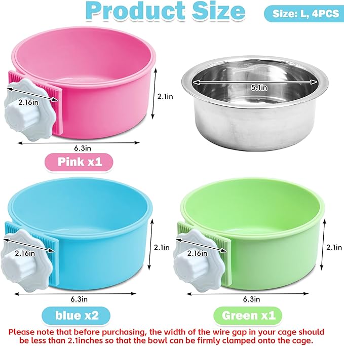 kathson Crate Dog Bowl, Removable Stainless Steel Hanging Pet Cage Bowl Food & Water Feeder Coop Cup for Cat, Puppy, Birds, Rats, Guinea Pigs (4 PCS, Size: L, 2×Blue,1×Pink,1×Green)