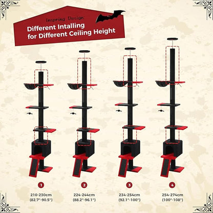 PEQULTI Gothic Cat Tree Floor to Ceiling, Tall Cat Tower, Adjustable Height (83''-108'') 5 Tiers Climbing Tree for Indoor Cats with Cat Condo, Scratching Post and Ladder, Black