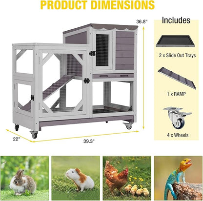 Aivituvin Rabbit Hutch Indoor Bunny Cage Outdoor 2-Story Guinea Pig House with Chew-Proof Ramp, Leak-Proof Tray, Lockable Wheels for Rabbits, Guinea Pigs, Small Animals (Grey)