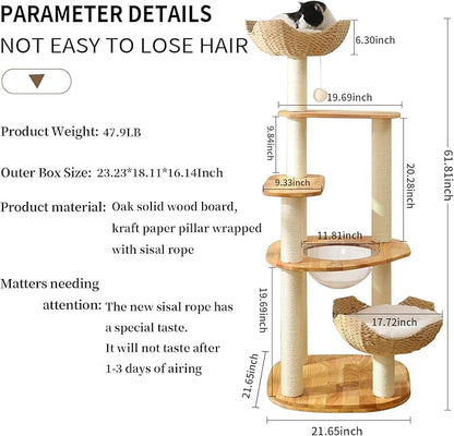Large Cat Tree for Multiple Cats - Natural Wood Cat Tower with Extra Thick Scratching Posts, Modern Cat House & Condo | Unique Flower Perch Design, Sturdy Cat Furniture Supplies (61+in)