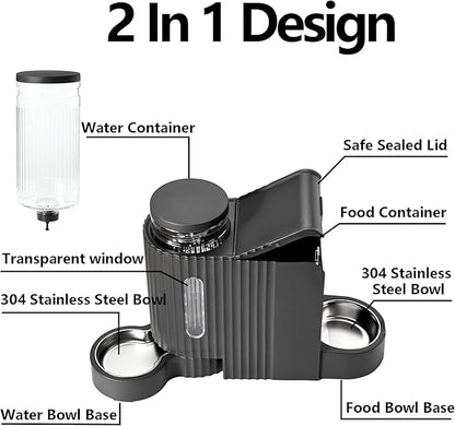 Automatic Cat Food Feeder and Water Dispenser,2 in 1 Gravity Cat Feeder and Water Dispenser with Stainless Steel Bowl,2 Pack Large Capacity Self Feeding for Small Medium Pets Puppy Kitten