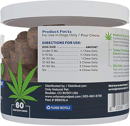 Only Natural Pet Allergy, Skin & Coat Hemp Soft Chews - Allergy Immune Bites for Dogs, Omega 3 Supplement, Hemp Oil - Calming Treats for Itchy Skin Relief, Hot Spot - (60 Count) (AL.)