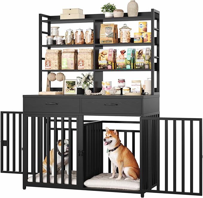 Keyluv 71''H x 47.2''W Large Dog Crate Furniture with 4-Tier Shelves and 2 Storage Drawers, Heavy Duty Dog Cage Furniture with 2 Doors, Wood & Metal Dog Kennel Indoor for Small/Medium/Large Dog, Black