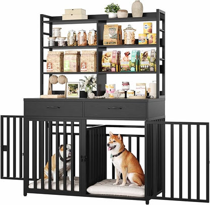 Keyluv 71''H x 47.2''W Large Dog Crate Furniture with 4-Tier Shelves and 2 Storage Drawers, Heavy Duty Dog Cage Furniture with 2 Doors, Wood & Metal Dog Kennel Indoor for Small/Medium/Large Dog, Black