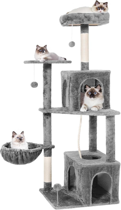 Cat Tree, 54-Inch Cat Tower for Indoor Cats,Plush Multi-Level Cat Condo with Scratching Posts, Basket, Perches,2 Caves,2 Pompoms(Gray)