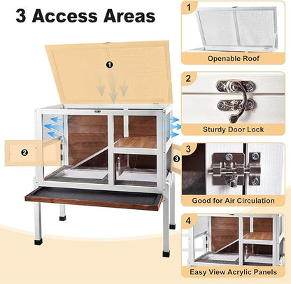 2-Story Guinea Pig Cage with Stand, Indoor Wooden Hamster Cage with Ramp, Pull-Out Tray, Hideout & Platform, Acrylic Transparent Small Animal Habitat for Chinchillas, Ferrets, Hedgehogs, Walnut