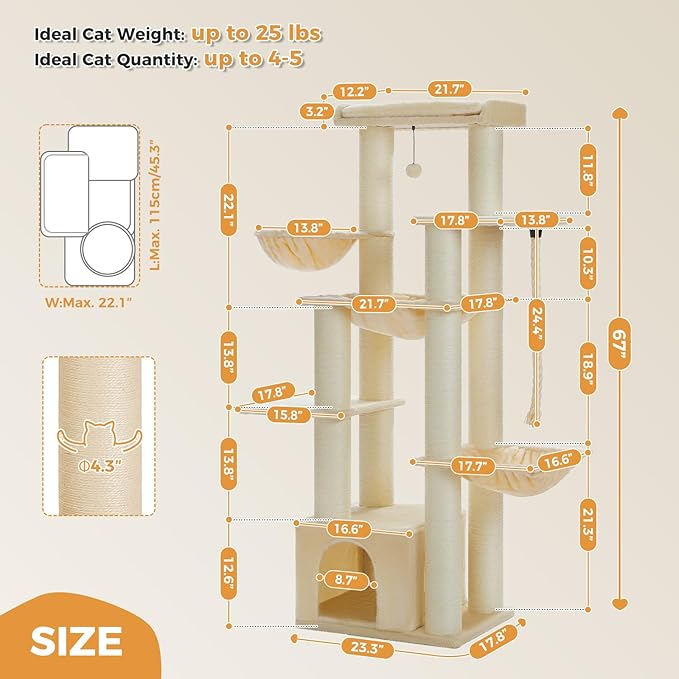 67" Heavy Duty Cat Tree for Indoor Cats Large Adult, XXL Cat Tower with 13 Thick Scratching Posts (φ4.3), Large Perch, Spacious Condo & Big Hammock - for Maine Coon up to 20 lbs, Beige