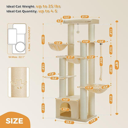 67" Heavy Duty Cat Tree for Indoor Cats Large Adult, XXL Cat Tower with 13 Thick Scratching Posts (φ4.3), Large Perch, Spacious Condo & Big Hammock - for Maine Coon up to 20 lbs, Beige