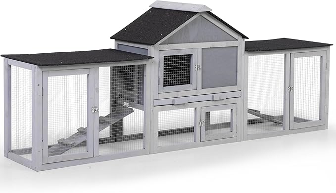 COZIWOW 2 Story 83”Wood Assembled Rabbit Hutch Indoor&Outdoor Bunny Cage with Double Runs and Weatherproof Roof, Guinea Pig Pet House for Small Animals（Gray）