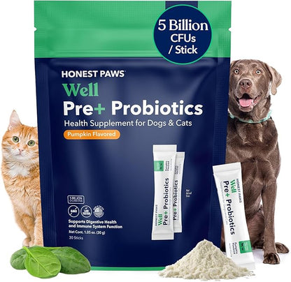 Honest Paws Probiotics for Dogs - Dog Digestion Gut Health Probiotic Powder with Prebiotic Made in The USA, Digestive and Immune Support - Digestive Enzymes with Pumpkin Flavor (30 Sticks)