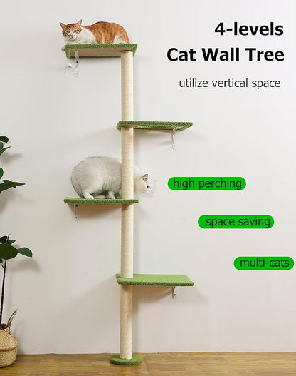 Tall Cat Scratching Posts,4 Tier Corner Cats Tree, Wall Mounted Kitten Tower,Carpeted Climbing Wall for Indoor Kitty Perching,Playing and Lookout(Green)