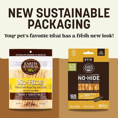 Earth Animal No-Hide Stix Peanut Butter Recipe Natural Rawhide Alternative Dog & Cat Chews - 20 Count Value Pack