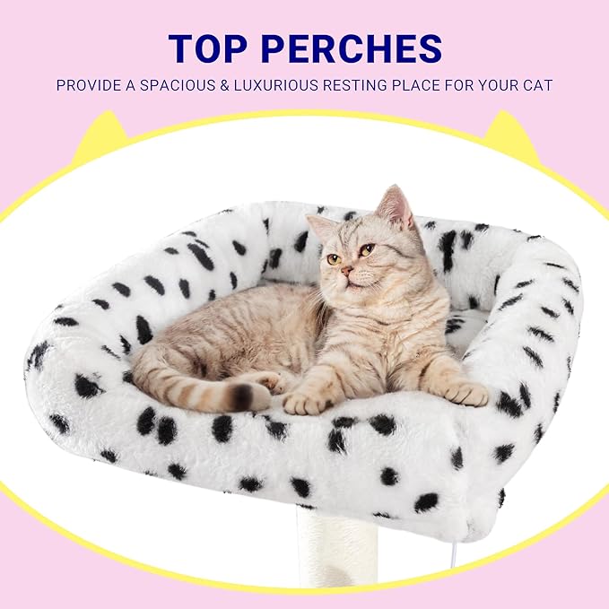 Allewie 73in Fan-Shaped Space-Saving Corner Cat Tower/Multi-Level Tall Cat Tree for Indoor Kitties/Cozy Baskets/Condos/House/Perches/Sisal Scratching Posts/Pet Activity Center/White & Black Spot