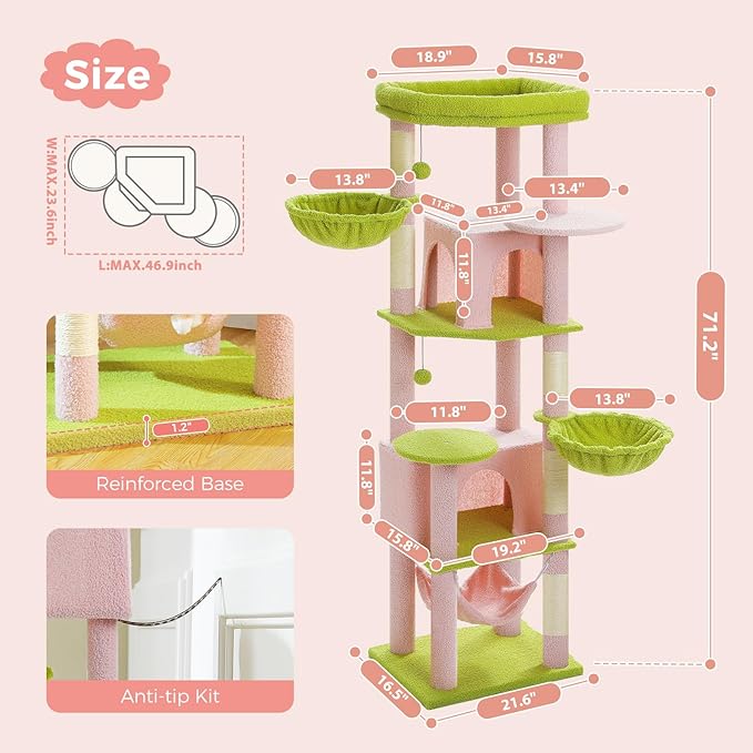Tall Pink Cat Tree for Indoor Cats Large Adult, 71.2" Multi-Level Cat Tower with 2 Spacious Condos, 3 Hammocks, Super Large Top Perch, 2 Pompoms