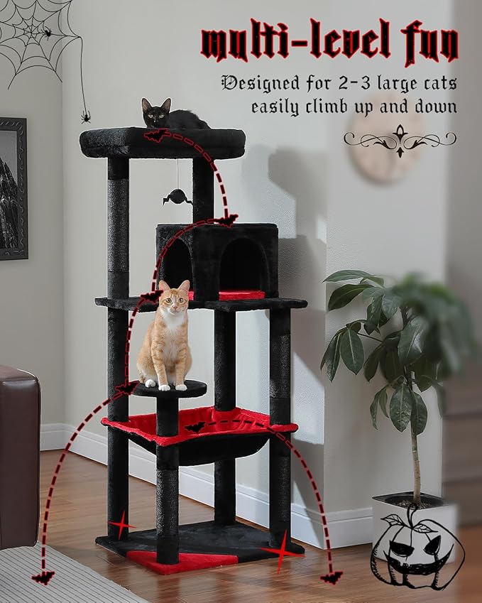 PEQULTI Cat Tree for Large Cats with Metal Frame Big Hammock, Cat Tower for Indoor Cats with 2 Door Condo House, [56.3"=143cm] Multi-Level Cat Shelves with Scratching Posts and Top Perch, Black