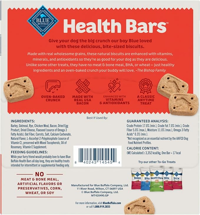 Blue Buffalo Health Bars Natural Crunchy Dog Treats TOGO Mini Biscuits Bacon Egg & Cheese