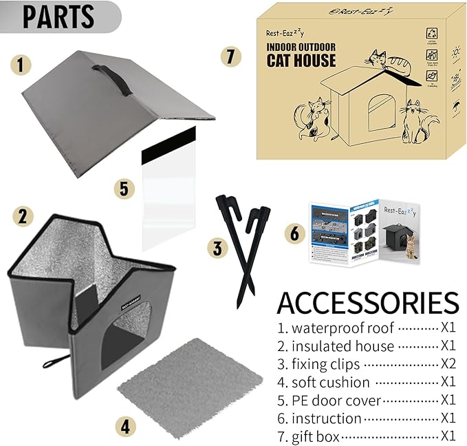 Rest-Eazzzy Outdoor Cat House, Feral Cat House Insulated with Mat and Clip, Weatherproof and Insulated, Cat Beds for Cats Kittens Puppies, Never Blow Away (Grey, S 13" X 13" X 14")