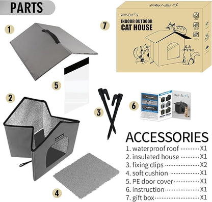 Rest-Eazzzy Outdoor Cat House, Feral Cat House Insulated with Mat and Clip, Weatherproof and Insulated, Cat Beds for Cats Kittens Puppies, Never Blow Away (Grey, S 13" X 13" X 14")