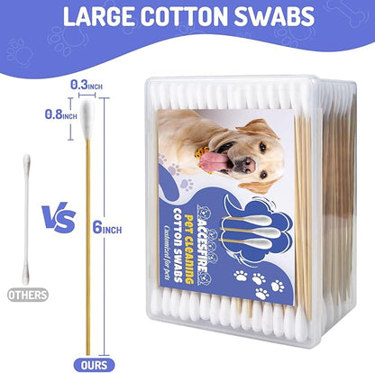 300PCS Large Cotton Swabs in Storage Box, 6 Inch Dog Ear Swabs with Bamboo Handle for Dogs - Soft Cotton, Gentle and Lint-Free, Specially Designed for Dogs, Cleaning Solution