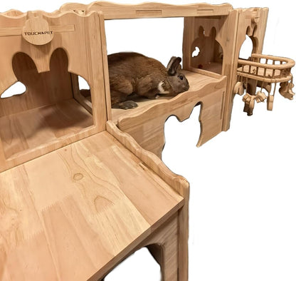 Touch&Pet Luxury Hideaway Habitat Tunnel, Large Wooden Rabbit House, Deluxe Two-Story Bunny Tower, Portable Animal Castle, Animal Furniture, Ramp for Guinea Pigs, Small Pets