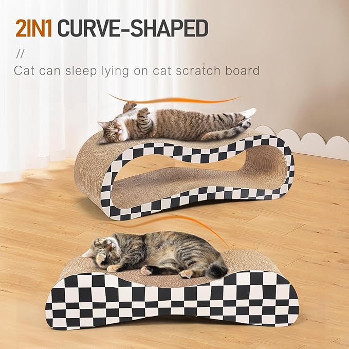 2 in 1 Cat Scratcher Cardboard Lounge Bed, Cat Scratching Post, Durable Board Pads Prevents Furniture Damage,Large,Checkerboard