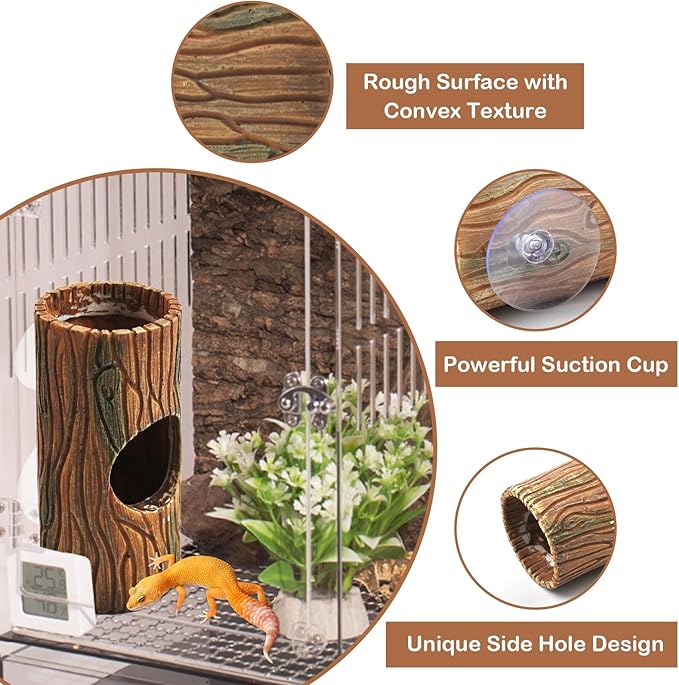 kathson Resin Hide Cave for Gecko,Reptile Hollow Tree Trunk with Suction Cups,Hideway Caverns Lizard Climbing Toys Tank Accessories for Hermit Crab Snakes Frog Spider