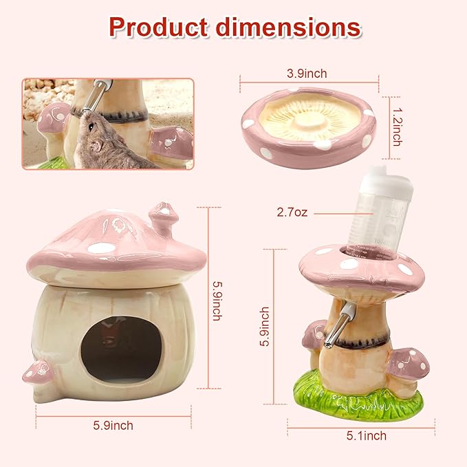 Mushroom Ceramic Hamster Hideout, Water Bottle with Stand, Food Bowl, Hamster Accessories (Pink)