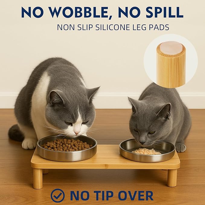 Elevated Cat Bowls for Indoor Cats – Raised Bamboo Cat Food Table with 2 Stainless Steel Dishes, Adjustable Height (4.25"/3.07"), Whisker Friendly Feeding Station