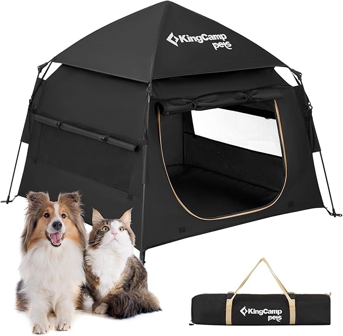 KingCamp Dog Tent, Large Portable Outdoor Indoor Dog House with 600D Oxford Fabric & Dual Layer for Medium Large Dogs, Black, 39.4" x 39.4" x 35.4"
