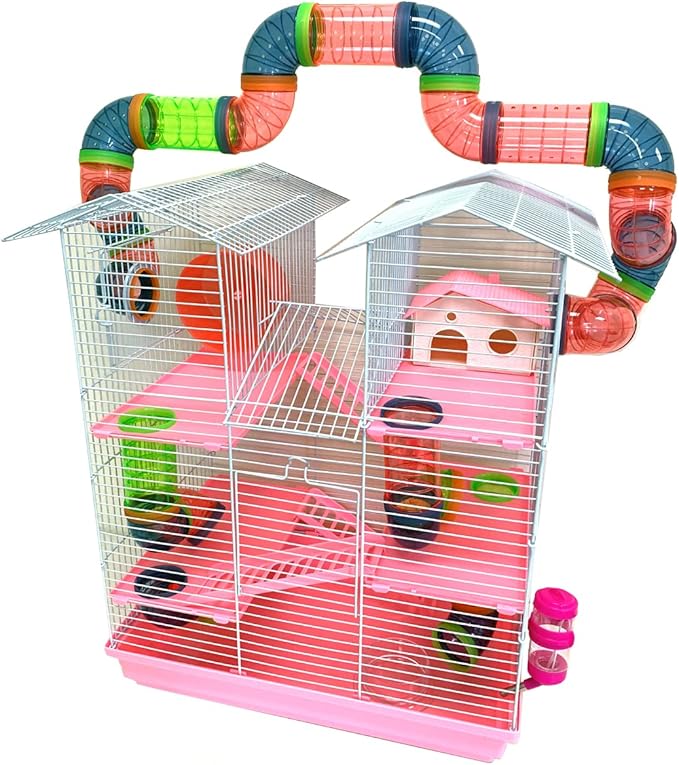 Pink Large Twin Tower 5-Floor Habitat Hamster Mansion Rodent Gerbils Mouse Mice Small Animal Home Cage with Top Crossing Tube Tunnel Expandable and Customizable