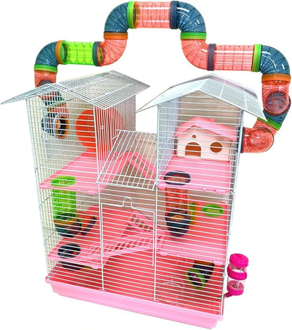 Pink Large Twin Tower 5-Floor Habitat Hamster Mansion Rodent Gerbils Mouse Mice Small Animal Home Cage with Top Crossing Tube Tunnel Expandable and Customizable