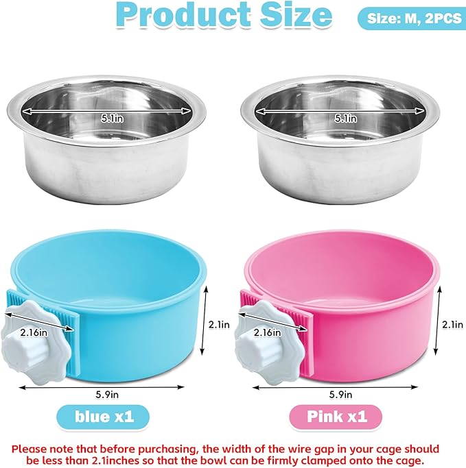 kathson Crate Dog Bowl, Removable Stainless Steel Hanging Pet Cage Bowl Food & Water Feeder Coop Cup for Cat, Puppy, Birds, Rats, Guinea Pigs (2 PCS, Size: M, Blue and Pink)