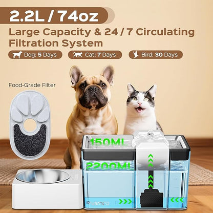 Automatic Cat Water Fountain with Food Bowl – 2.2L/74oz 2-in-1 Pet Water Dispenser & 304 Stainless Steel Bowl, Ultra-Quiet, LED Indicator, BPA-Free, Smart Shut-Off for Cats and Dogs