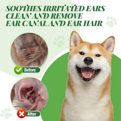 Dog Ear Powder Set, Dog Ear Powder for Hair Removal 30g , 5.5 Inch Hemostat and Dog Clippers for Grooming, Dog Ear Infection Treatment ，Removing Earwax and Odour，Relief of Itching（greener 3pcs)