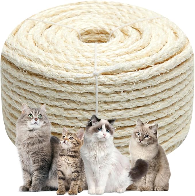 White Sisal Rope 1/6 Inch by 164-Feet for Cat Scratching Post Tree Tower Replacement Repair and Replace, DIY Hemp Twine Rope for Kittens Shelves Furniture Window Bed Perch House Climbing, 4mm by 50m