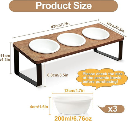 Sunhoo Raised Cat Food Water Bowl Elevated Tilted Kitty Dishes Set of 3 Ceramic Dish for Indoor Cats Orthopedic Pet Food Stand Reduces Vomiting 3 Bowl Cat Feeder Easy Assembly(Brown)