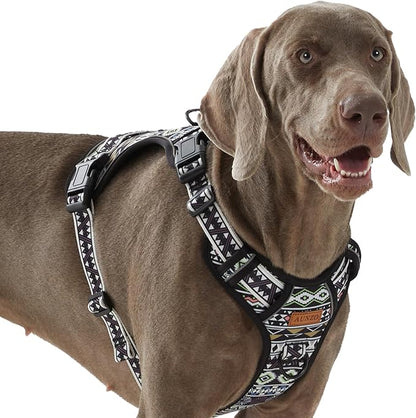 Black Dog Harness for X-Large Dog Breeds, Easy on Easy Off Vest, No Pull Adjustable Pet Harness with Handle, Reflective Dog Vest for Walking Hiking Training, Black Ethnic, XL