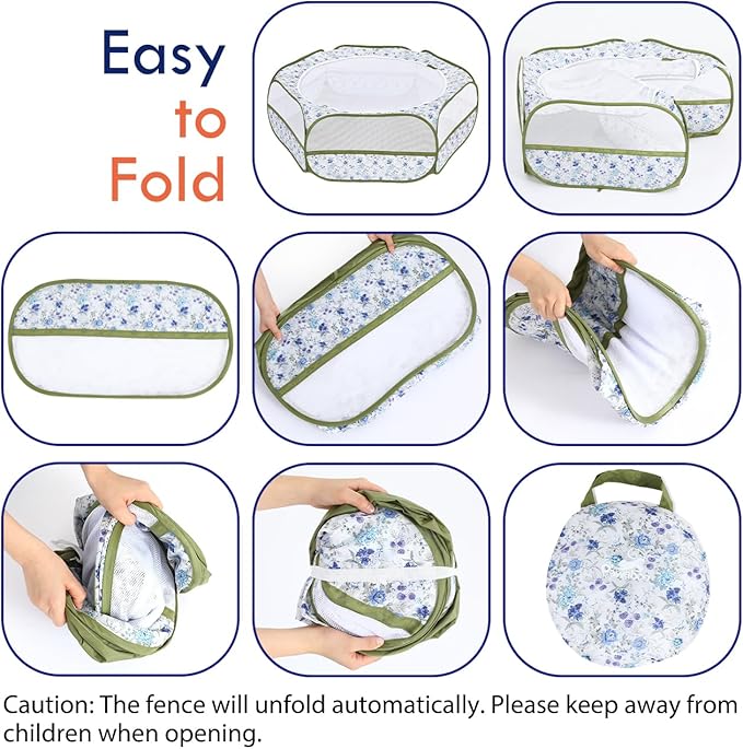 Pawaboo Small Animals Playpen, Waterproof Small Pet Cage Tent with Zippered Cover, Portable Outdoor Yard Fence with 3 Metal Rod for Chick/Kitten/Puppy/Guinea Pig/Rabbits/Hamster, Blue + White Flower