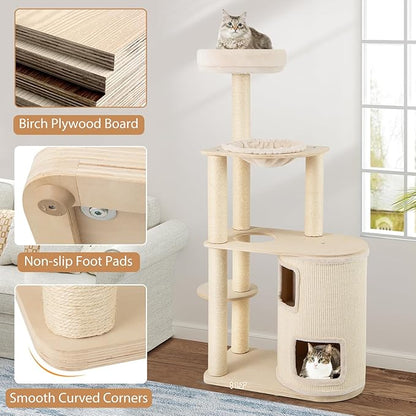 PETSITE 60 Inch Modern Tall Cat Tree for Indoor Cats, Wooden Cat Tree Tower with 2-Story Condo, Sisal Scratching Posts and Board, Top Perch, and Round Napping Bed, Soft Washable Cushions Covered