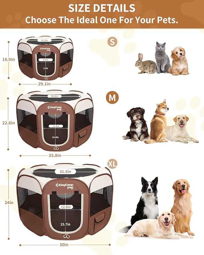 KingCamp Dog Playpen, Portable Foldable Cat Kitten Puppy Tent Crates 29"/36"/50" Pop Up Pet Playpen with Zippered Bottom & Cover for Indoor Outdoor Use (Medium, Khaki)