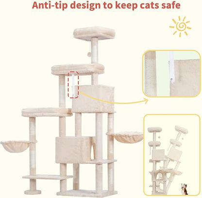 Hey-brother Cat Tree Tower, Scratching Posts with a Extended Part, Wide Platforms, Cozy Condos, Hammocks, Sisal Columns and Ball for Indoor Cats, 70.1 Inches, Beige MPJ038M