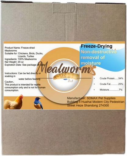 20 oz freeze-dried mealworms - Low temperature freeze-dried process, non-destructive high-end process to remove moisture. The fragrant, meaty dried worms provide a high protein source for chickens
