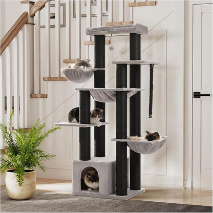 XXL Cat Tree, 67" Heavy Duty Cat Tower for Indoor Cats Large Adult with 13 Thick Scratching Posts (φ4.3), Large Perch, Spacious Condo, Hammock - for Maine Coon up to 20 lbs, Black