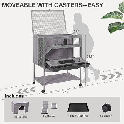Guinea Pig Cage, Moveable Metal Frame Hamster Cage Anti-Chewing with Aluminium Alloy Edge, Hideouts, Ramps, Seesaws Chewing Toy, Deeper Pull-Out Leakproof Tray for Indoor Outdoor(Grey