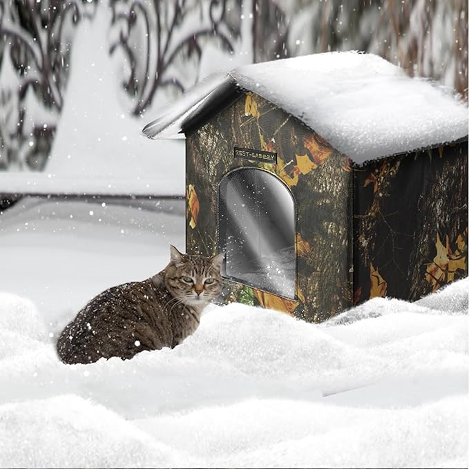 Rest-Eazzzy Outdoor Cat House, Feral Cat House Insulated with Mat and Clip, Weatherproof and Insulated, Cat Beds for Cats Kittens Puppies, Never Blow Away (Leaf, S 13" X 13" X 14")