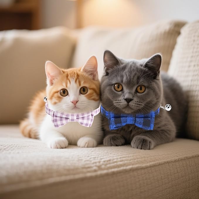 10 Pcs Cat Collar Breakaway with Bow Tie and Bell Kitten Collars Removable Bowtie Plaid Cat Collar for Cats Kittens Puppy Halloween Decor